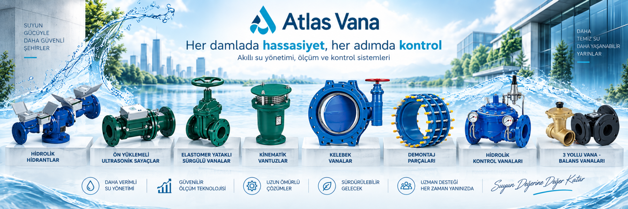 Atlas Vana: hidrolik hidrantlar, ultrasonik sayaçlar, sürgülü ve kelebek vanalar, vantuzlar, demontaj parçaları ve kontrol vanaları